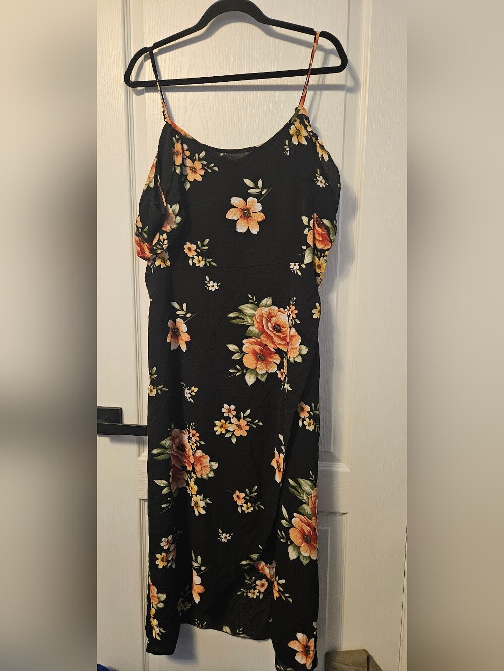 Black Floral Midi Dress with Orange Rose Print